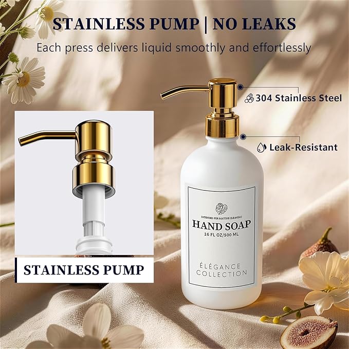 White Glass Soap Dispenser Set of 2, 16oz Hand and Dish Soap Dispenser - Image 2