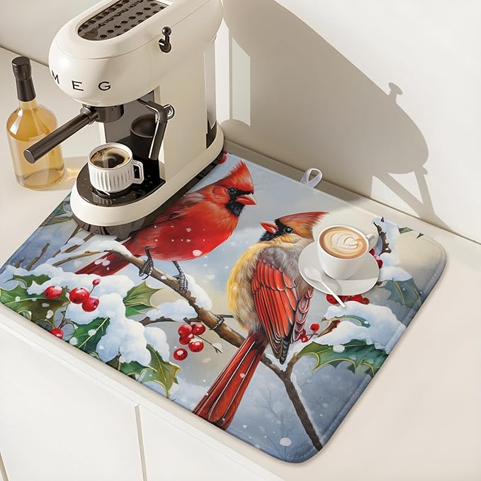 Winter Cardinal Birds Dish Drying Mat, Holly Berry Branches Dish Drying Mat - Image 7