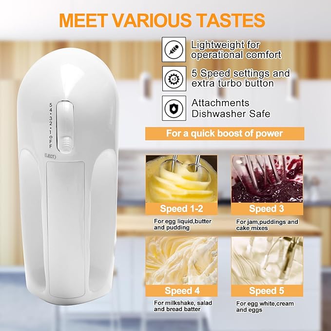 5-Speed Electric Hand Mixer, 4 Large Mixing Bowls Set, Handheld Mixers - Image 5
