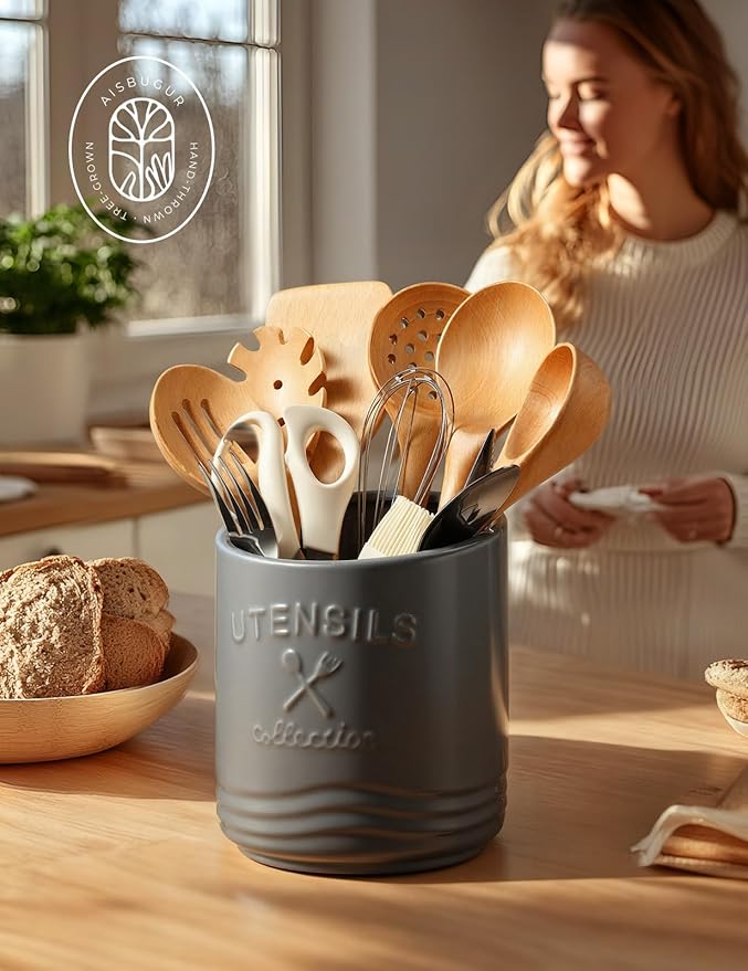 AISBUGUR Large Ceramic Utensil Holder 7.5" H×6.3" W - Image 6