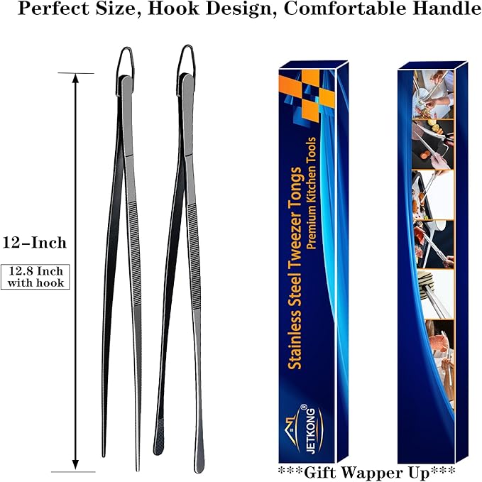 JETKONG 2 Pcs 12-Inch Food Tweezer Tongs, Stainless Steel Kitchen Tweezer - Image 7
