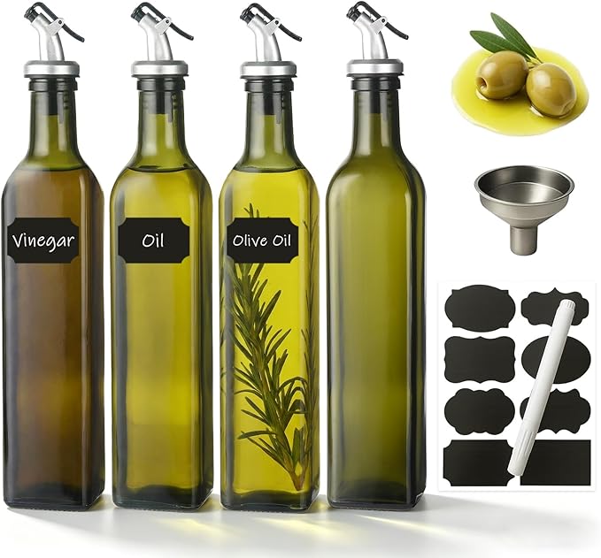 WERTIOO 4Pack Green Olive Oil Dispenser Bottle, 17 OZ Glass Oil Dispenser by WERTIOO