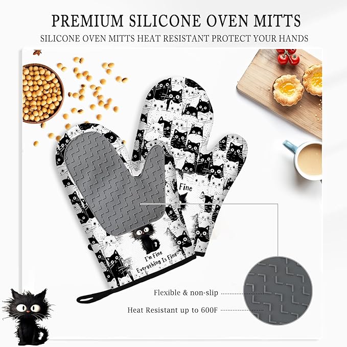 Black Cat Oven Mitts and Pot Holders Sets 3PCS, Cat Silicone Heat Resistant - Image 4