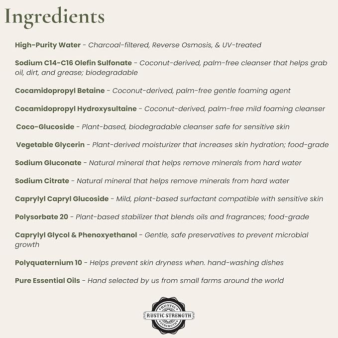 Rustic Strength Natural Dish Soap, Mama + Baby, Unscented 16 oz | Concentrated and High Lathering, Plant-Based Formula,Tough on Grease,Gentle on Hands