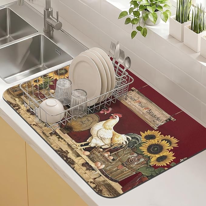 Kitchen Countertop Dish Drying Mat, Super Absorbent Coffee Bar Mat by Kuyig+Home
