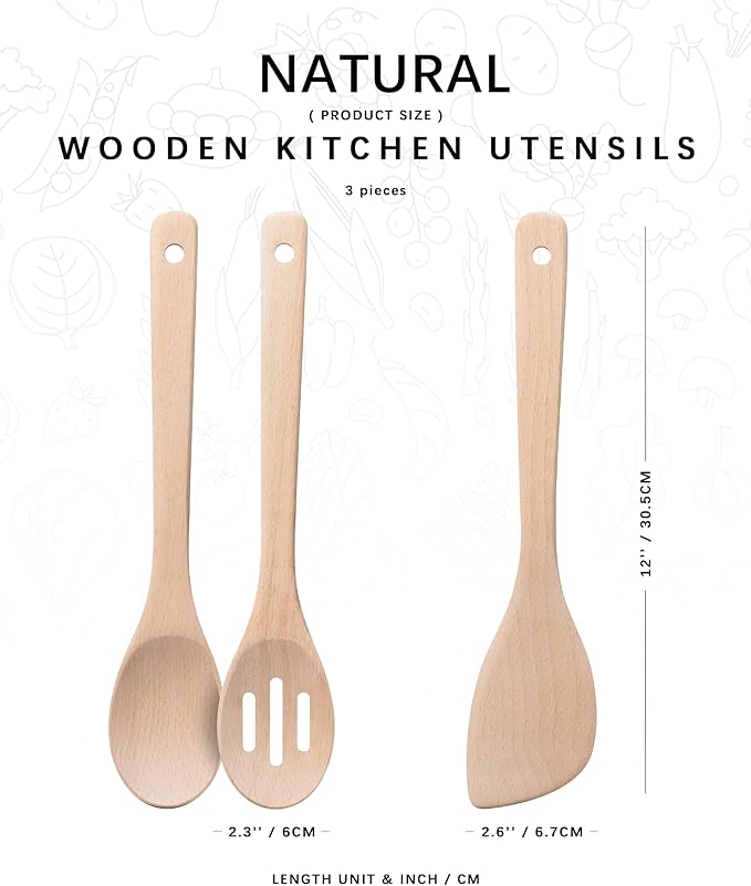 Wooden Spoons for Cooking, 3-Piece Wood Utensil Set Includes Slotted Spoon - Image 2
