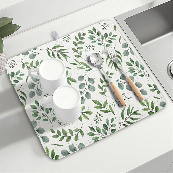 Kawani Sage Green Dish Drying Mat 16x18 In Absorbent Reversible Eucalyptus - Image 8
