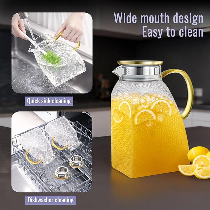 Glass Pitcher With Lid and Spout, 1.8 Liter 60 oz Glass Pitchers With Handle - Image 6