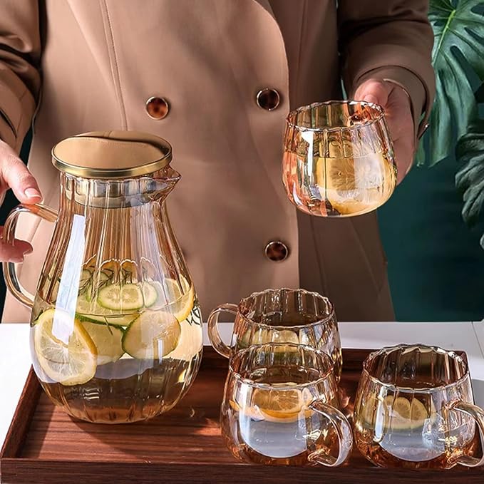 Glass Pitcher With Lid Amber Round Water Carafe with handle and Spout - Image 6