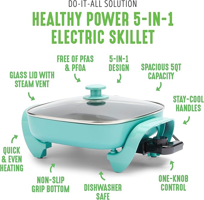 GreenLife 12" 5QT Square Electric Skillet, Glass Vented Lid, Ceramic PFAS-Free - Image 3