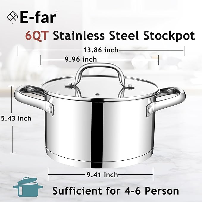 E-far 6 Quart Stock Pot with Lid, Stainless Steel Stockpot - Image 2