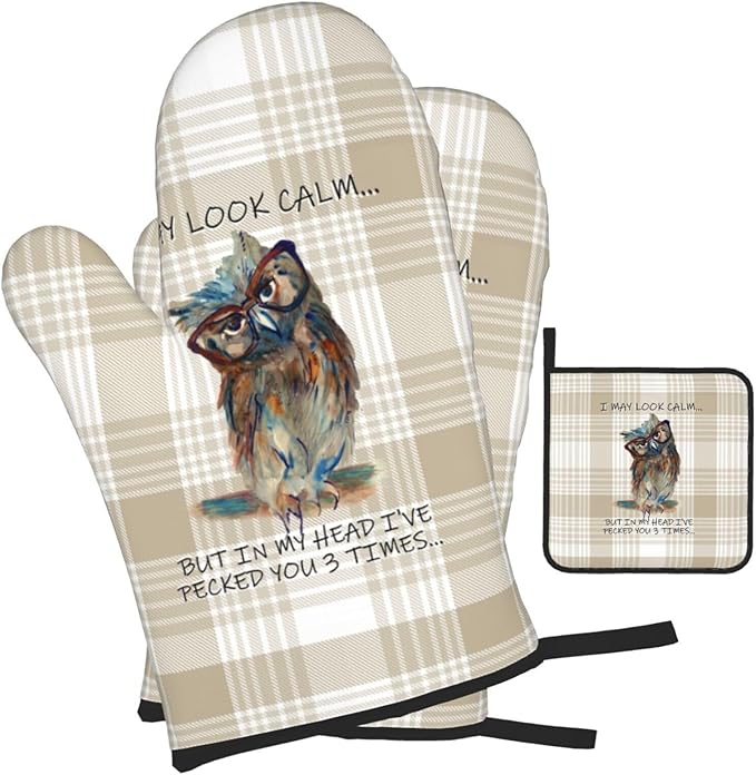 Funny Owl Oven Mitts and Pot Holders Sets of 3 Kitchen Hot Pads Cute Buffalo - Image 2