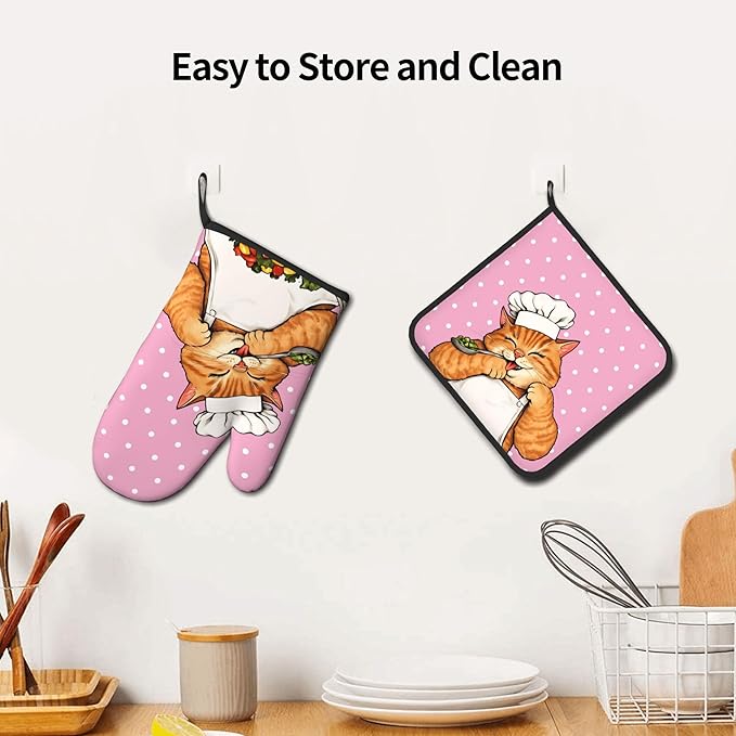 Cat Oven Mitts - Pink Oven Mitts and Pot Holders Sets of 2 Cute Kitten Cooker - Image 6