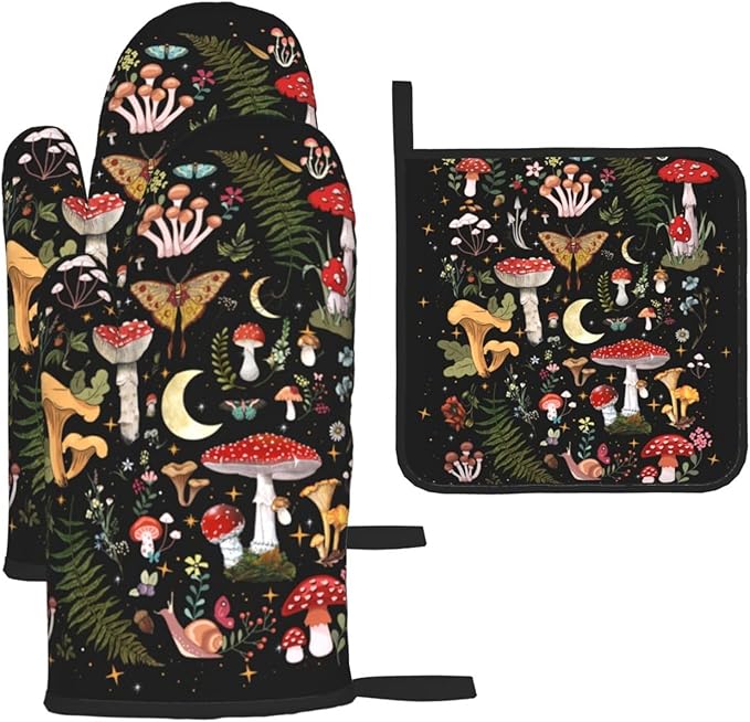 Mushroom Oven Mitts and Pot Holders Sets, Heat Resistant Black Hot Pads Witchy by Unknown