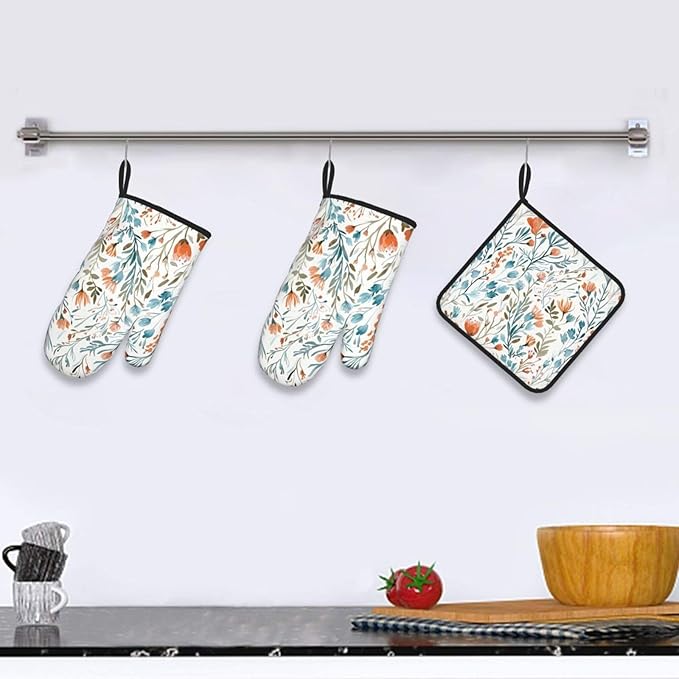 Teal Orange Watercolor Floral Oven Mitts and Pot Holders Sets of 3, Heat - Image 2