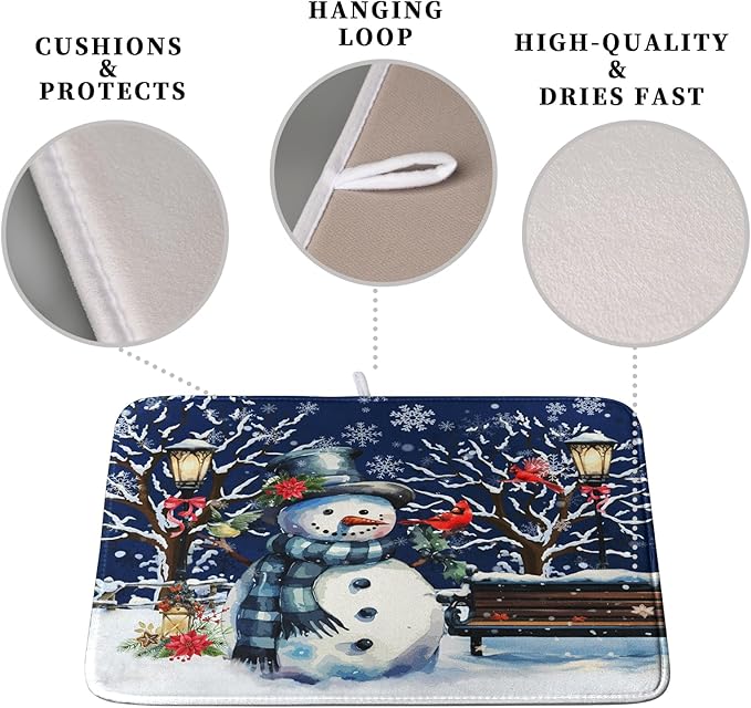 Winter Snowman Dish Drying Mat for Kitchen Counter 16x18, Xmas Snowflakes Dish - Image 3