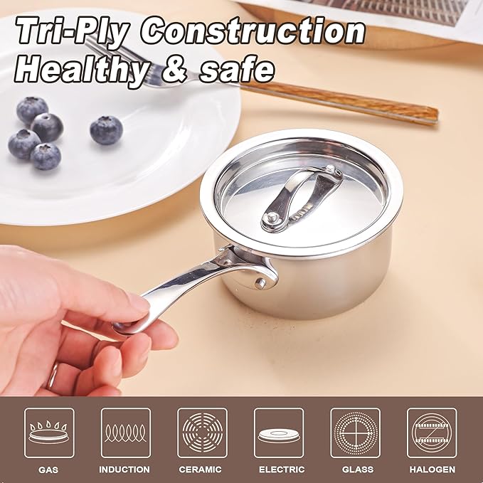 Mini Sauce Pan with Lid, Tri-Ply Stainless Steel Pot with Stay-Cool Handle & - Image 3