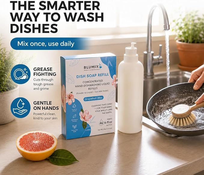Dish Soap Refill Powder-to-Liquid Concentrate, Just Add Cool Water, Grapefruit Scent, 4 Packets Make 4 x 16 fl oz Bottles, Grease-Fighting, Plastic-Free (Grapefruit Scent)