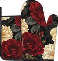 Boho Oven Mitts and Pot Holders Sets Vintage Peony Flowers Kitchen Mitts by DZGlobal