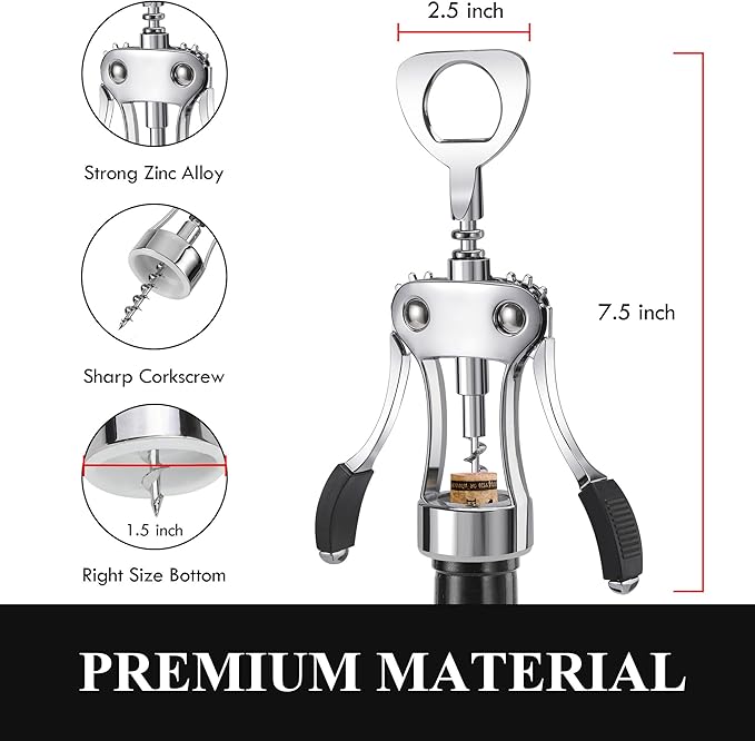 KORCCI Wine Opener, Heavy-Duty Zinc Alloy Wing Corkscrew, Premium Beer Bottle - Image 2