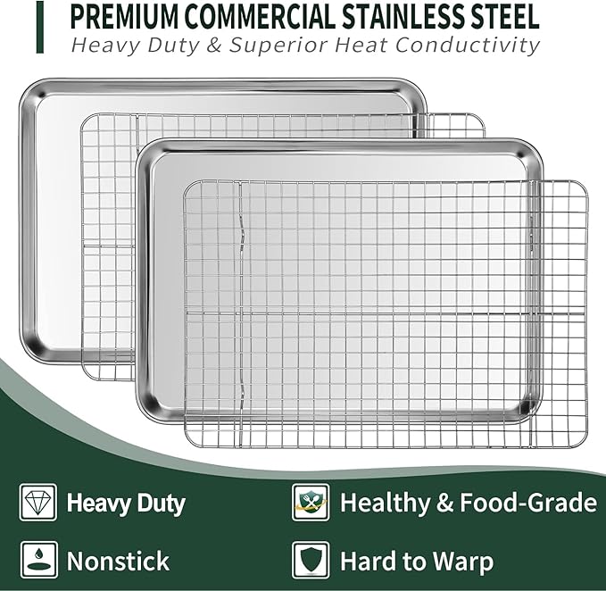 Jelly Roll Pan with Cooling Rack Set, CEKEE Stainless Steel Baking Sheet Tray - Image 3