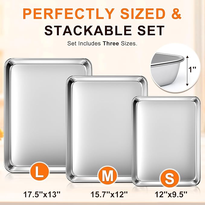 Baking Sheet Set of 3, Commercial Grade Stainless Steel Cookie Sheets - Image 2