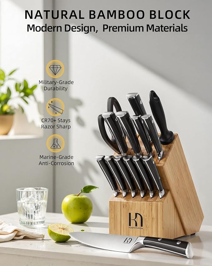 KnifeSaga Knife Set 15 Pcs Kitchen Knife Block Set, Enduring Razor-Sharp High - Image 5