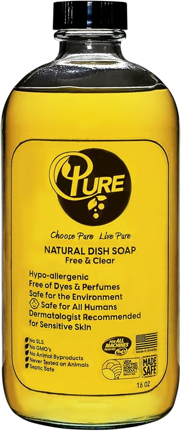 Pure Natural Dish Soap, Free & Clear, 16 oz, Hypo-allergenic, Dye & Perfume Free