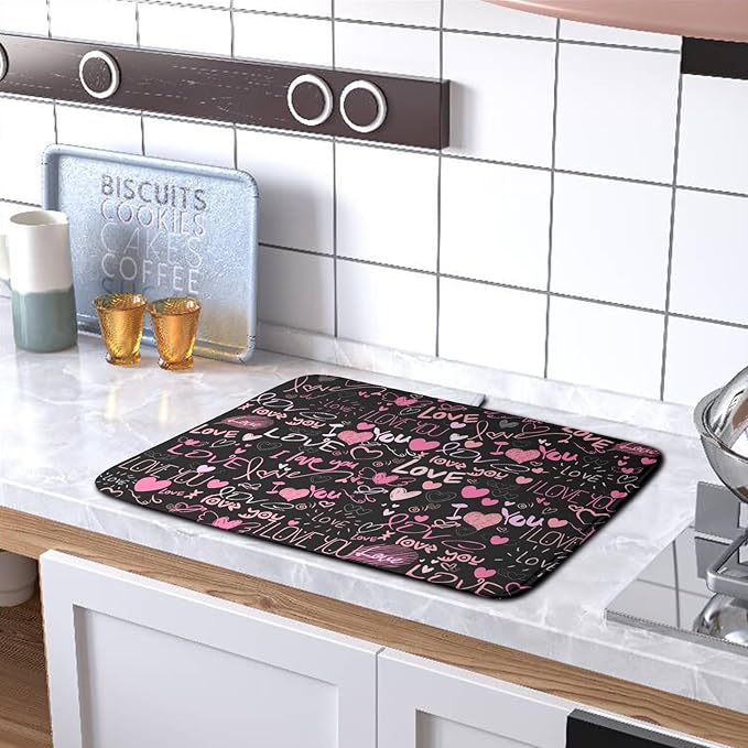 Mother's Day Dish Drying Mat for Kitchen Counter Love Heart Black Drying Mats - Image 5