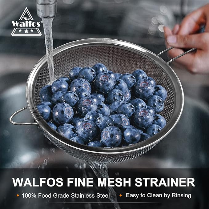 Walfos Extra Fine Mesh Strainer Set of 4-9.35", Stainless Steel 30 Mesh Sieve - Image 5