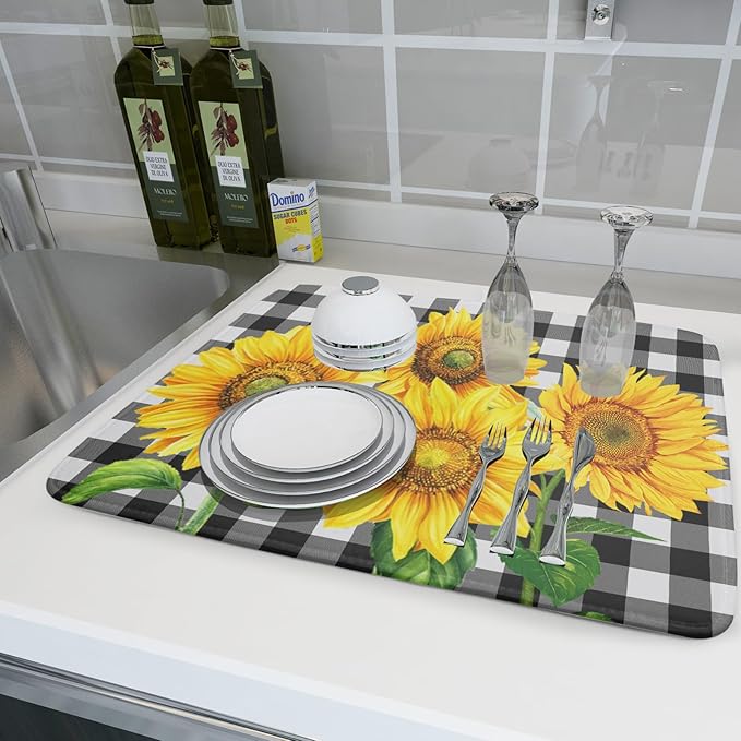 Sunflower Dish Drying Mat for Kitchen Counter Black White Buffalo Plaid - Image 6
