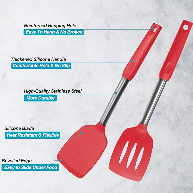 2 Pack Spatulas, Solid & Slotted Silicone Spatula Set, Stainless Steel Handle - Image 3