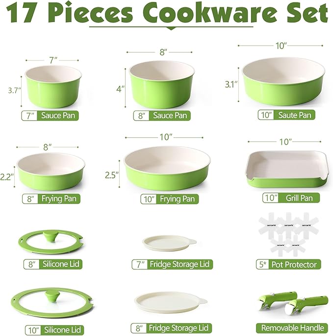 SENSARTE 17 Piece Ceramic Pots and Pans Set, Nonstick Detachable Handle Cookware - Image 2