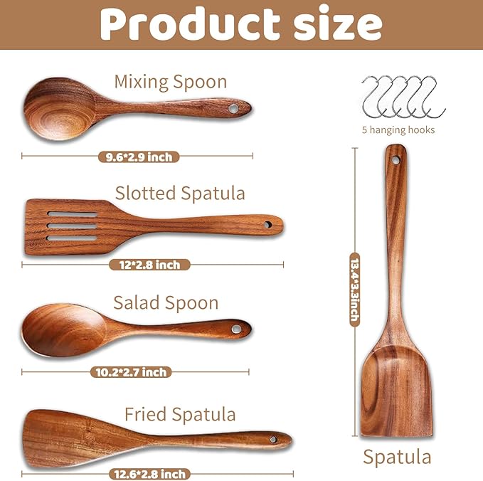 5 PCs Teak Wooden Utensil Set - Image 5