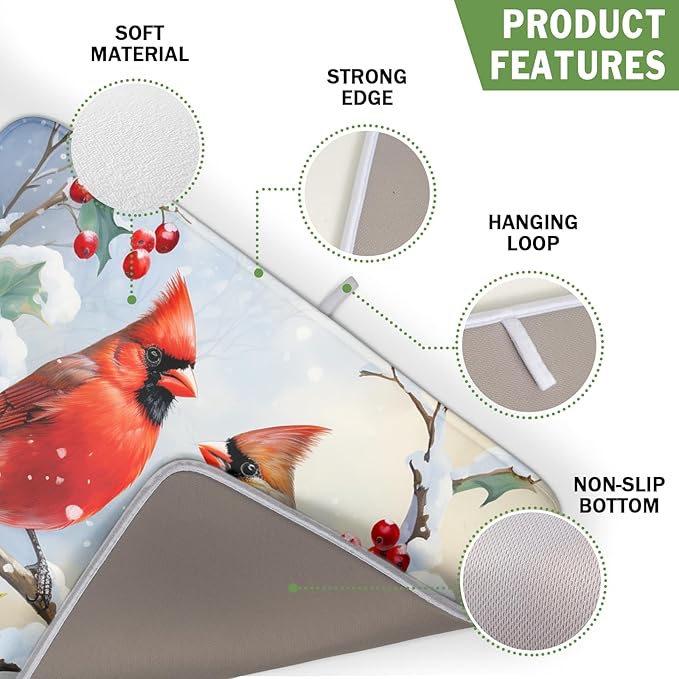Winter Cardinal Birds Dish Drying Mat, Holly Berry Branches Dish Drying Mat - Image 3