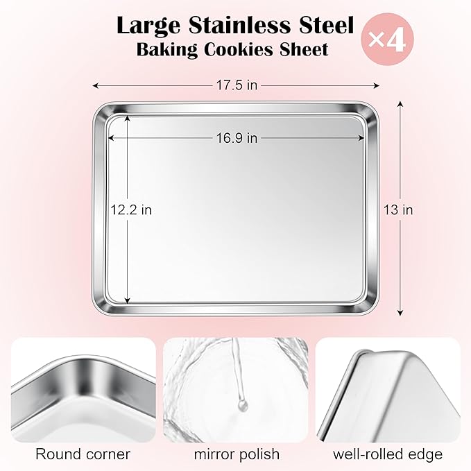 E-far Cookie Sheets Set of 4, 18”x13” Stainless Steel Baking Sheet Pans - Image 2