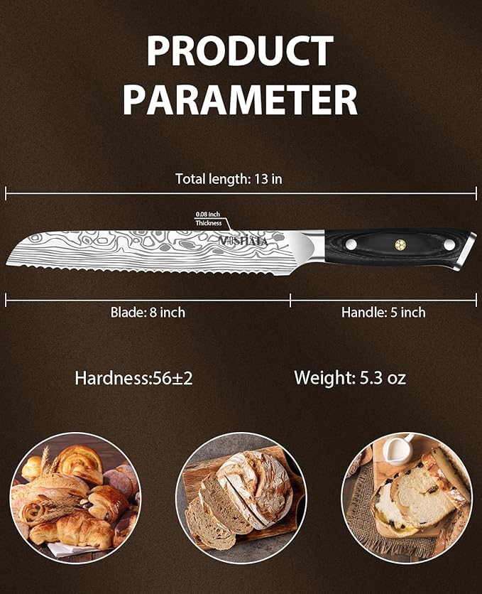 MOSFiATA Bread Knife 8” Ultra Sharp Serrated Knife, German High Carbon - Image 3