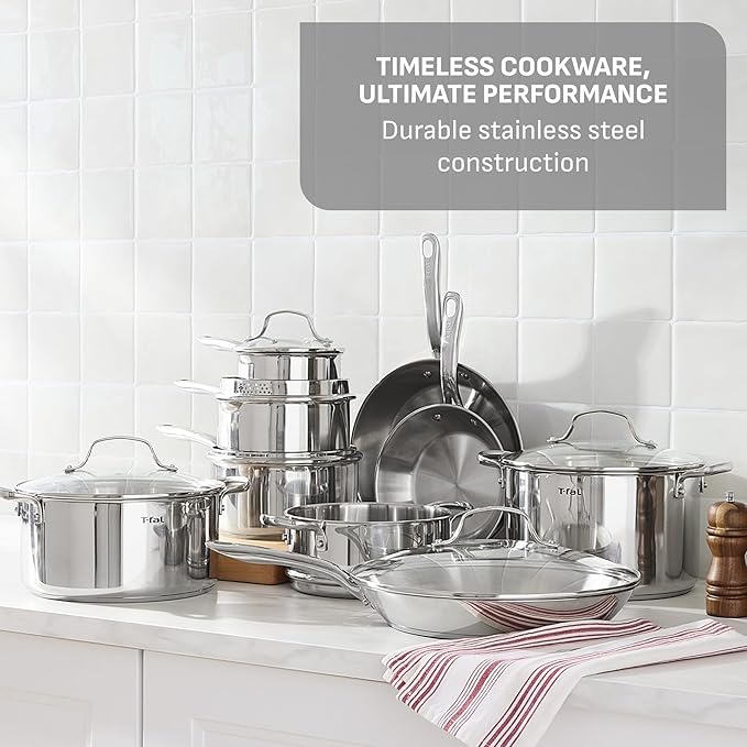 T-fal Gourmet 15-Piece Stainless Steel Cookware Set, Pots and Pans Cooking Set - Image 3