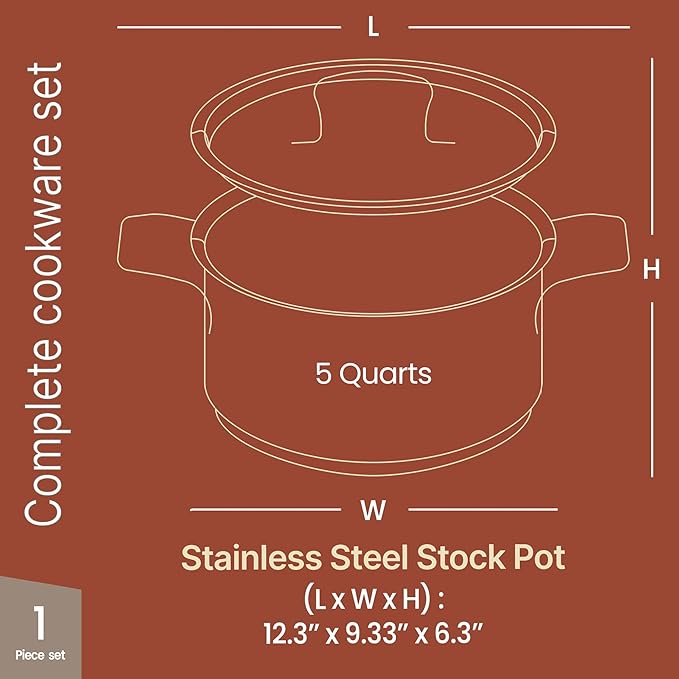 Stainless Steel Stockpot with Lid 5 Quart, Durable 18/8 Stainless Steel - Image 2