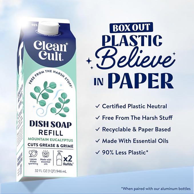 Cleancult Dish Soap Liquid Refills - Plant Based Cleaning Power - Cuts Grease & Grime - Free of Harsh Chemicals - Uses 90% Less Plastic - Mountain Eucalyptus - 32 oz/3 Pack