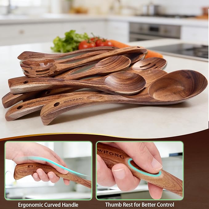 HOWHONG Wooden Cooking Utensils Set, Acacia Wood Wooden Spoons - Image 3