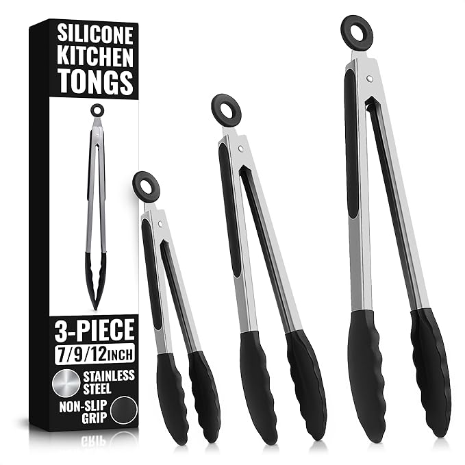Kitchen Tongs Set of 3-7/9/12" Silicone Tipped Tongs by Lagarto
