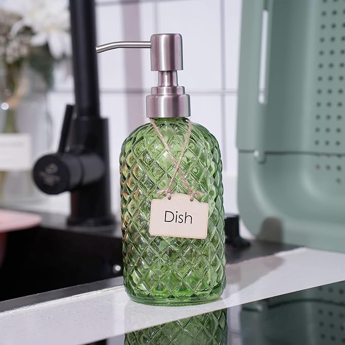 16 oz Diamond Pattern Glass Soap Dispenser, Kitchen and Bathroom Refillable - Image 2