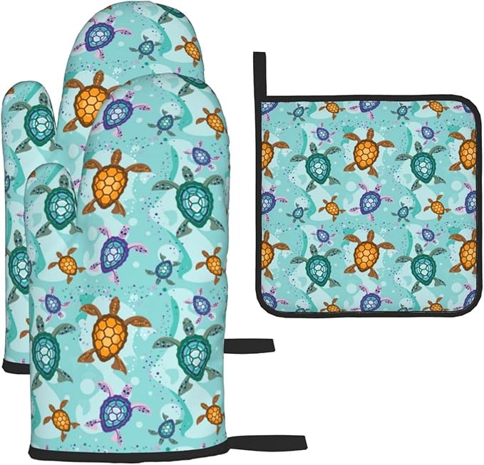 Cute Sea Turtle Beach Oven Mitts and Pot Holders Set Ocean Themed Decorative by Unknown