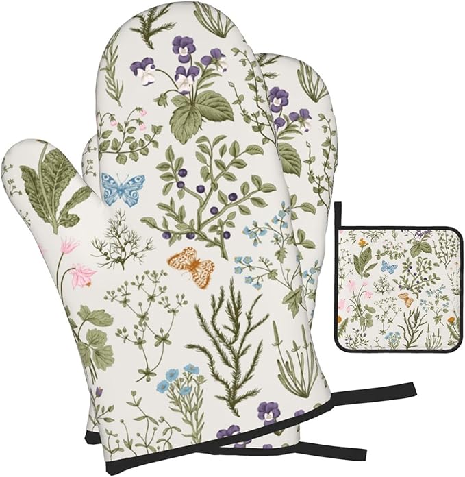 Vintage Floral Oven Mitts and Pot Holders Sets of 3 Cute Botanic Hot Pads Herbs - Image 2