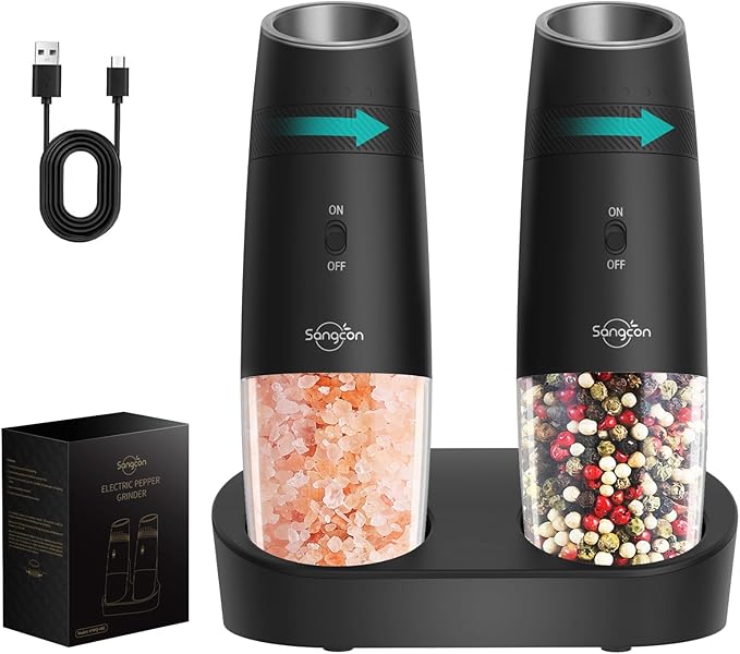 Sangcon Gravity Electric Salt and Pepper Grinder Set RECHARGEABLE, Automatic by Sangcon