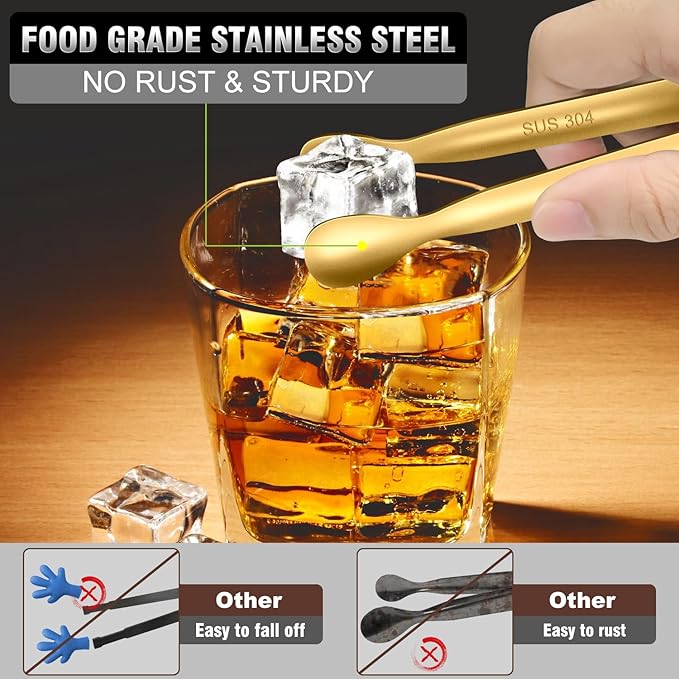 Walfos Small Gold Tongs For Serving, Food Grade Stainless Steel 4" Mini Tongs - Image 3