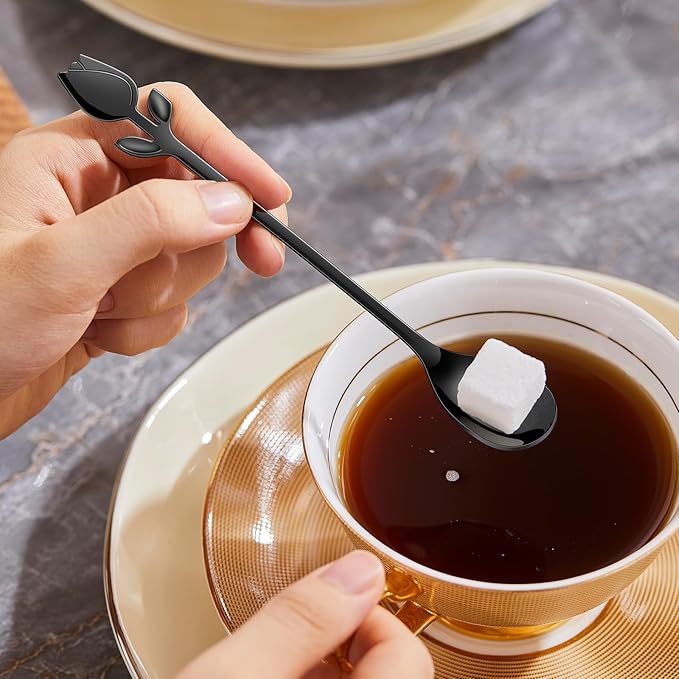 Black Tulip/Rose Handle 12-Pcs Mini Coffee Spoons Set - Image 4