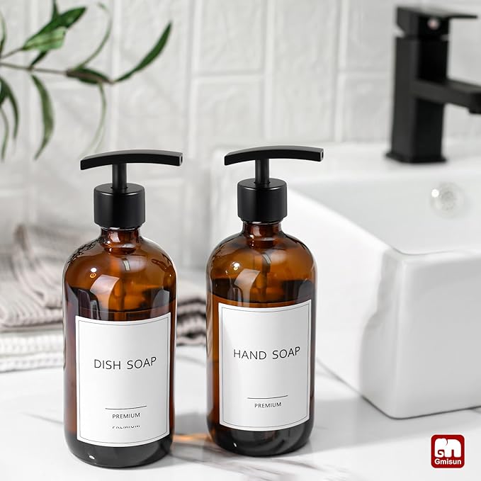 GMISUN Amber Glass Soap Dispenser, 2 Pack Bathroom Hand Soap Dispensers - Image 4