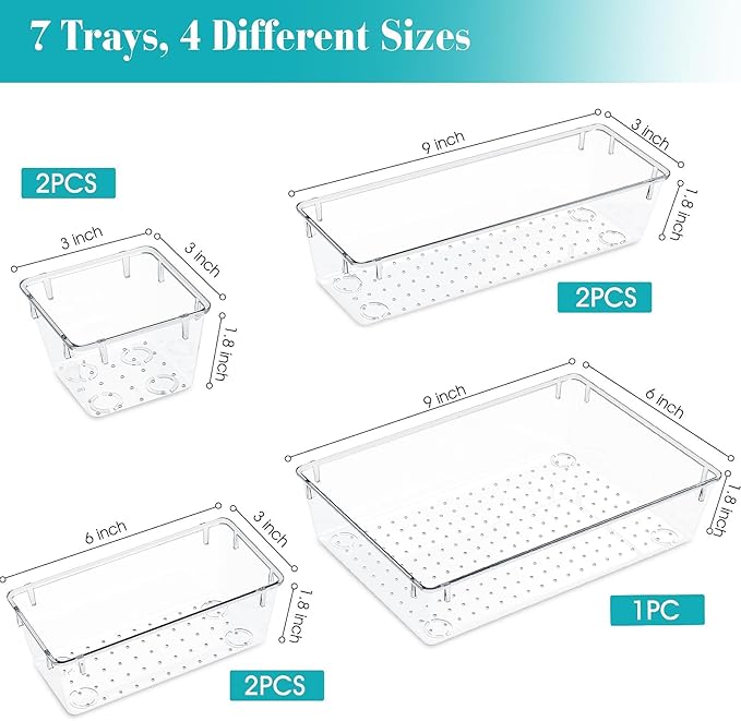 StorMiracle 7 PCS Clear Plastic Drawer Organizers Set, 4 Size Desk Drawer - Image 2